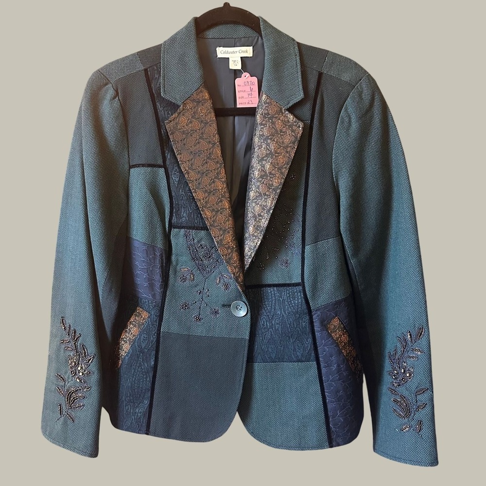 Coldwater Creek Patchwork Beaded Blazer Jacket Blue Metallic Brocade Size 14